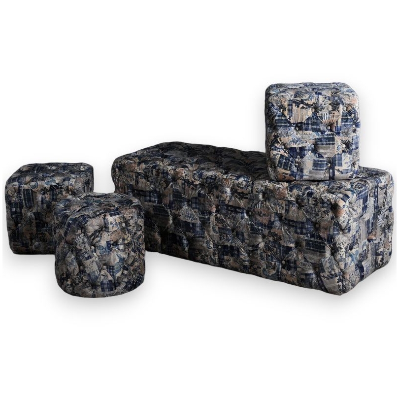 Ensemble Banquette et Poufs en Velours - Bleu