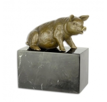 Bronze Cochon assis, socle en marbre noir