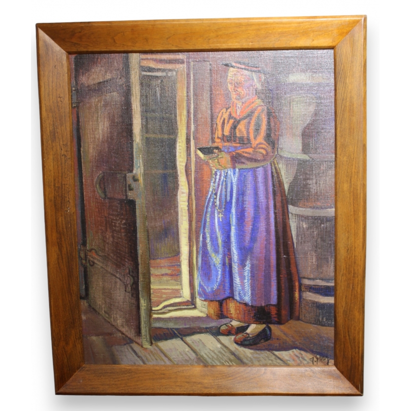 Tableau \"Femme d\'Evolène au missel\" signé J. GRAZ