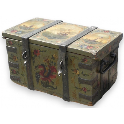 Painted chest with a boat motif. At  Moinat SA  - Antiques and home décor