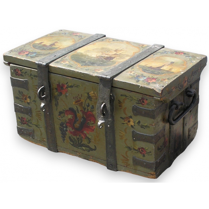 Painted chest with a boat motif. At  Moinat SA  - Antiques and home décor
