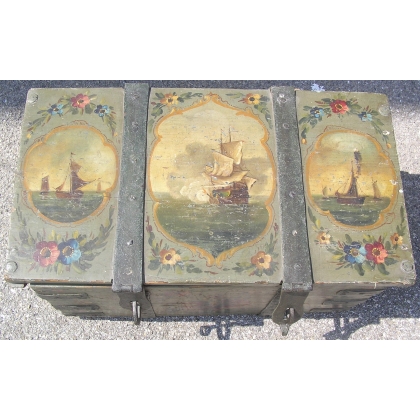 Painted chest with a boat motif. At  Moinat SA  - Antiques and home décor