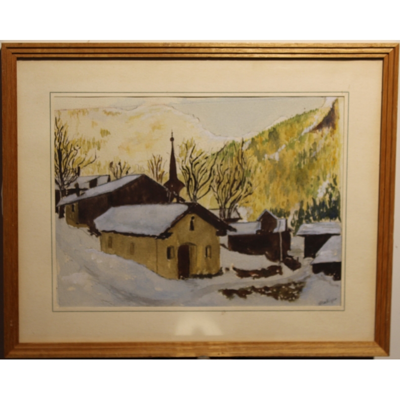 Watercolour painting ‘Village’ signed by M FLUCKIGER