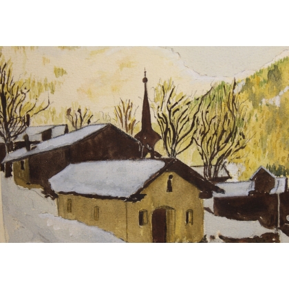 Watercolour painting ‘Village’ signed by M FLUCKIGER