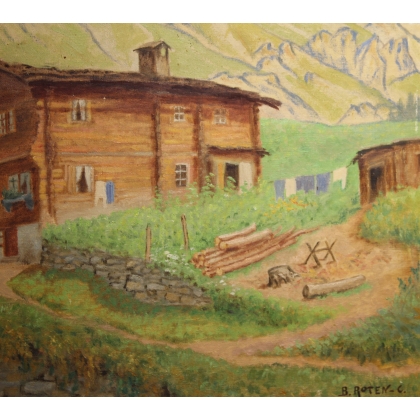 Tableau \"Leukerbad\" signé B. ROTEN-C.