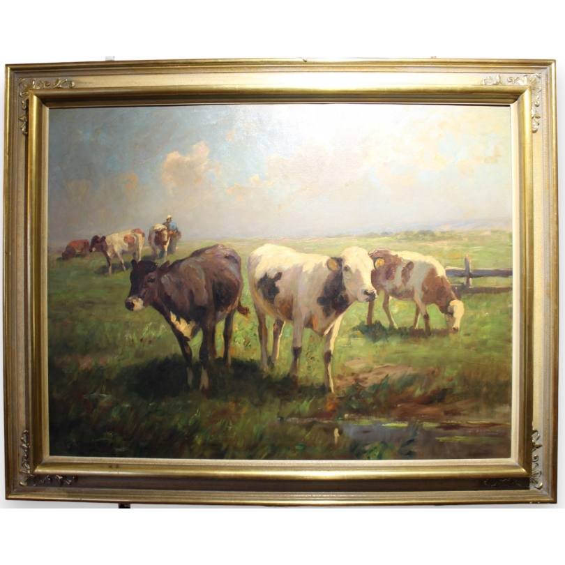 Tableau \"Veaux dans un champ\" signé Ioh.D. HOLZ