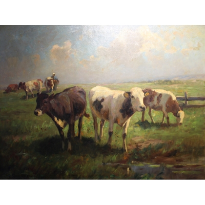 Tableau \"Veaux dans un champ\" signé Ioh.D. HOLZ