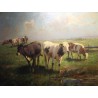 Tableau \"Veaux dans un champ\" signé Ioh.D. HOLZ