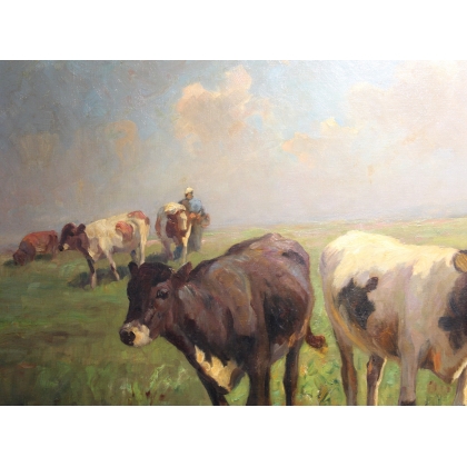 Tableau \"Veaux dans un champ\" signé Ioh.D. HOLZ
