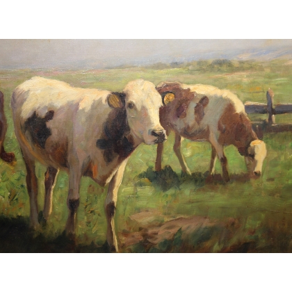 Tableau \"Veaux dans un champ\" signé Ioh.D. HOLZ