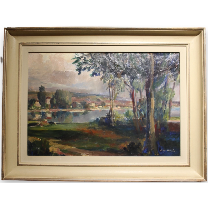 Tableau \"Bord du lac Léman\" signé P. Rt. PERRIN