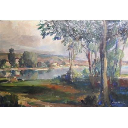 Tableau \"Bord du lac Léman\" signé P. Rt. PERRIN