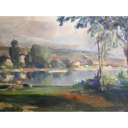 Tableau \"Bord du lac Léman\" signé P. Rt. PERRIN