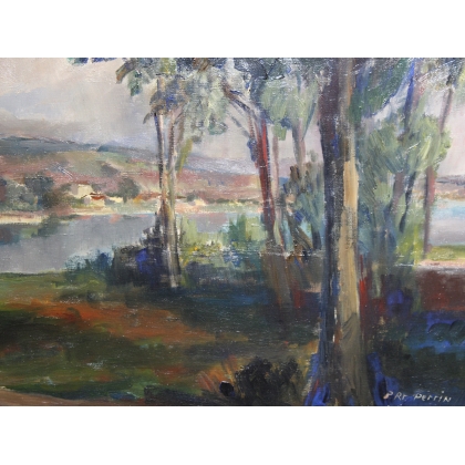 Tableau \"Bord du lac Léman\" signé P. Rt. PERRIN