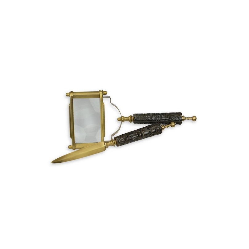 Magnifying glass and letter opener, with carved wooden handles