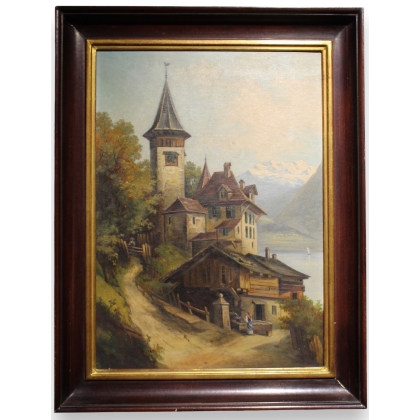 Tableau \"Eglise et lac\"