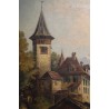 Tableau \"Eglise et lac\"