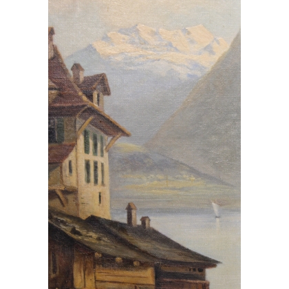 Tableau \"Eglise et lac\"