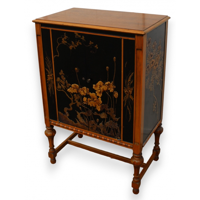 Walnut sideboard with black and gold lacquered panels