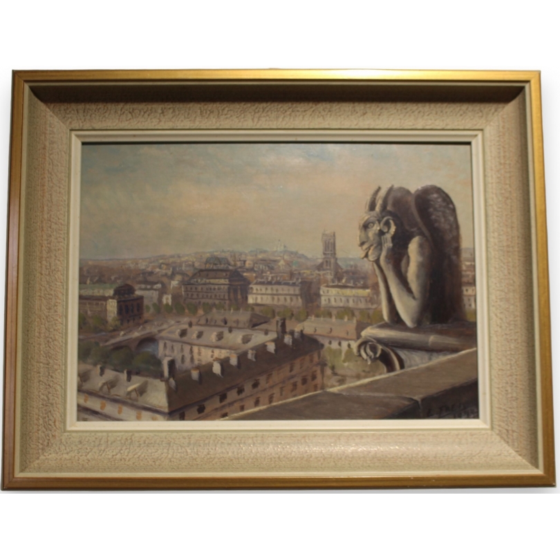 Tableau \"Vue de Notre Dame\" signé E. FREI 1944