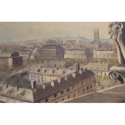Tableau \"Vue de Notre Dame\" signé E. FREI 1944