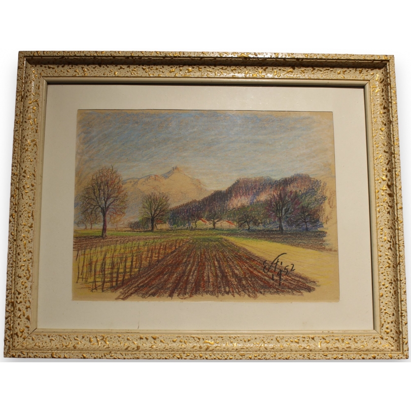 Pastel "Champ labouré" signé E. FREI 1952