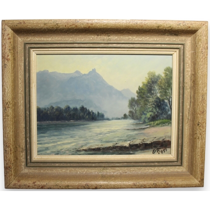 Tableau \"Le Rhône\" signé E. FREI 1951