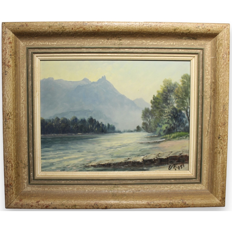 Tableau \"Le Rhône\" signé E. FREI 1951