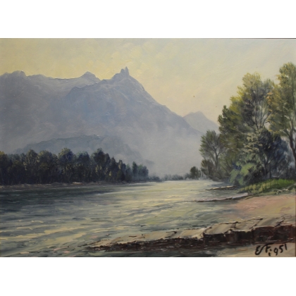 Tableau \"Le Rhône\" signé E. FREI 1951
