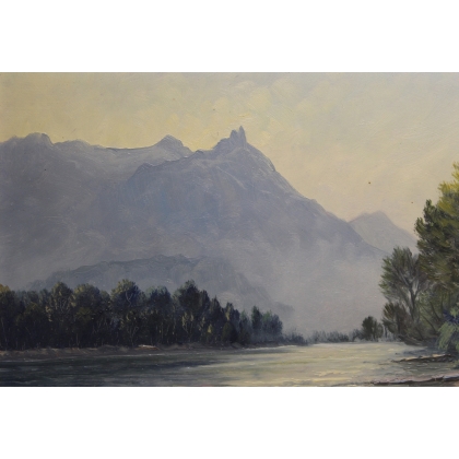 Tableau \"Le Rhône\" signé E. FREI 1951