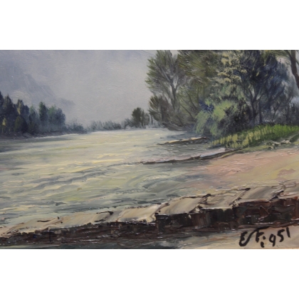 Tableau \"Le Rhône\" signé E. FREI 1951