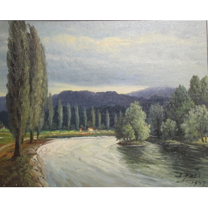 Tableau \"Bei Koblenz\" signé E. FREI 1947