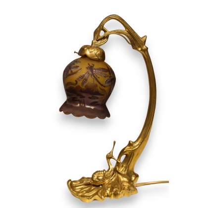 GALLÉ-style ‘Escargot’ lamp in brass and glass