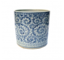 Cache-pot bleu blanc décor de Fleurs