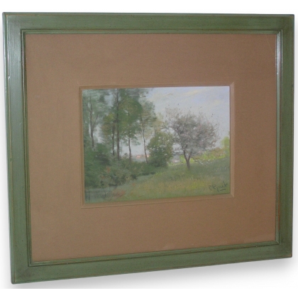 Pastel "Paysage, arbres fleurs  sur Moinat SA  - Antiquités décoration -  Gouaches, Aquarelles, Pastels