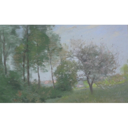 Pastel "Paysage, arbres fleurs  sur Moinat SA  - Antiquités décoration -  Gouaches, Aquarelles, Pastels