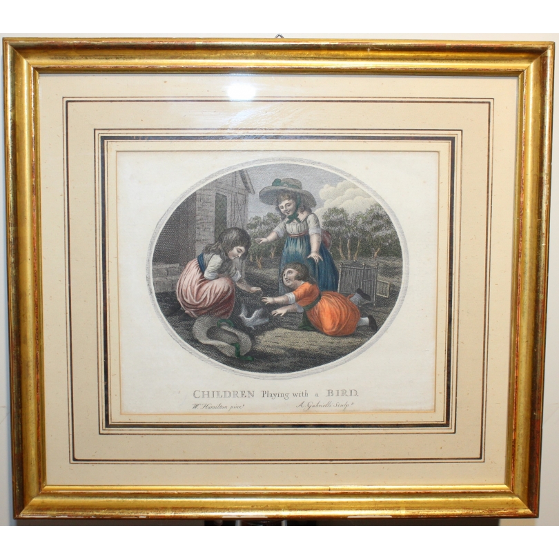 Engraving: ‘Children playing with a bird’
