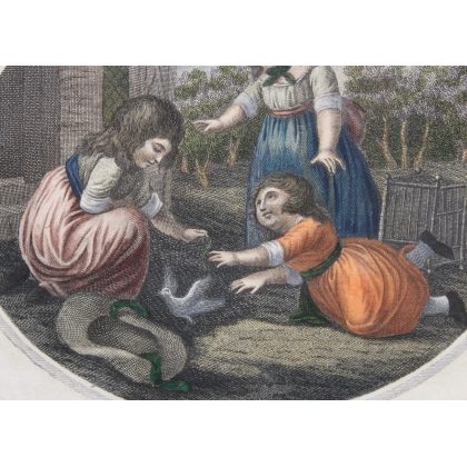 Engraving: ‘Children playing with a bird’