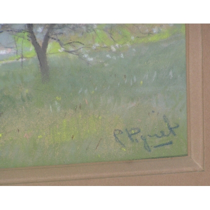 Pastel "Paysage, arbres fleurs  sur Moinat SA  - Antiquités décoration -  Gouaches, Aquarelles, Pastels