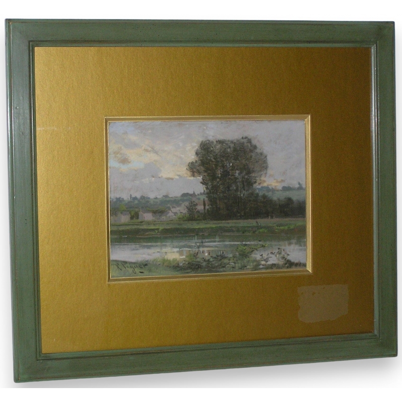 Pastel "Paysage avec rivière".  sur Moinat SA  - Antiquités décoration -  Gouaches, Aquarelles, Pastels