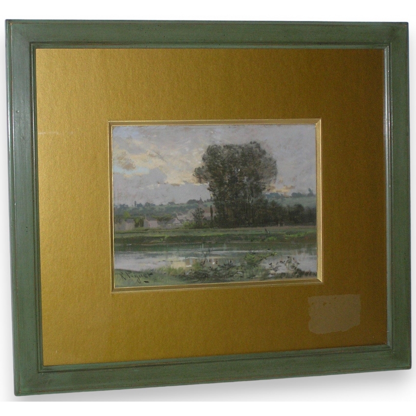 Pastel "Paysage avec rivière" signé R. PIGUET