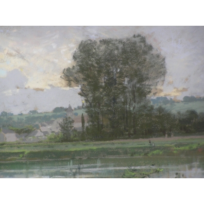 Pastel "Paysage avec rivière".  sur Moinat SA  - Antiquités décoration -  Gouaches, Aquarelles, Pastels