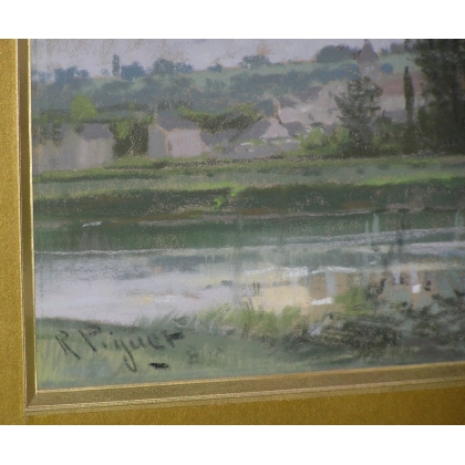 Pastel "Paysage avec rivière".  sur Moinat SA  - Antiquités décoration -  Gouaches, Aquarelles, Pastels