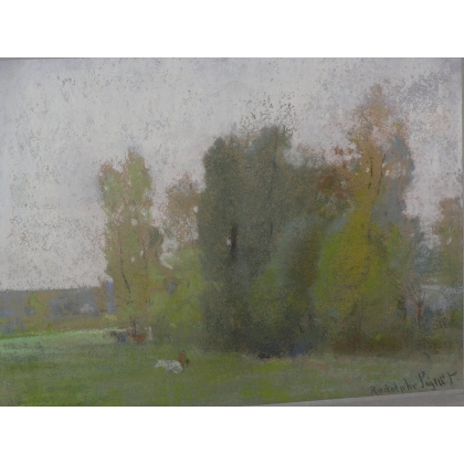 Pastellbild „Landschaft mit Tieren“.  bei Moinat SA  – Antiquitäten und Dekoration –  Gouachen, Aquarelle, Pastelle