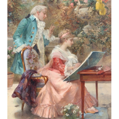 Tableau \"Leçon de dessin\" signé D\'ABANCOUR