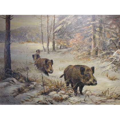 Tableau \"Sangliers dans la neige\" signé LORENZ