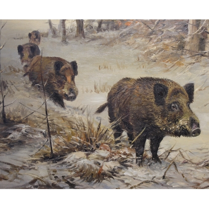 Tableau \"Sangliers dans la neige\" signé LORENZ
