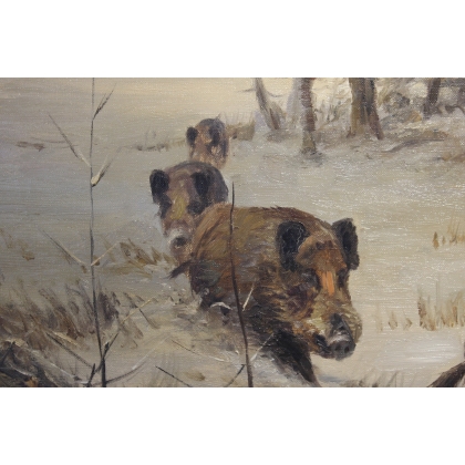 Tableau \"Sangliers dans la neige\" signé LORENZ