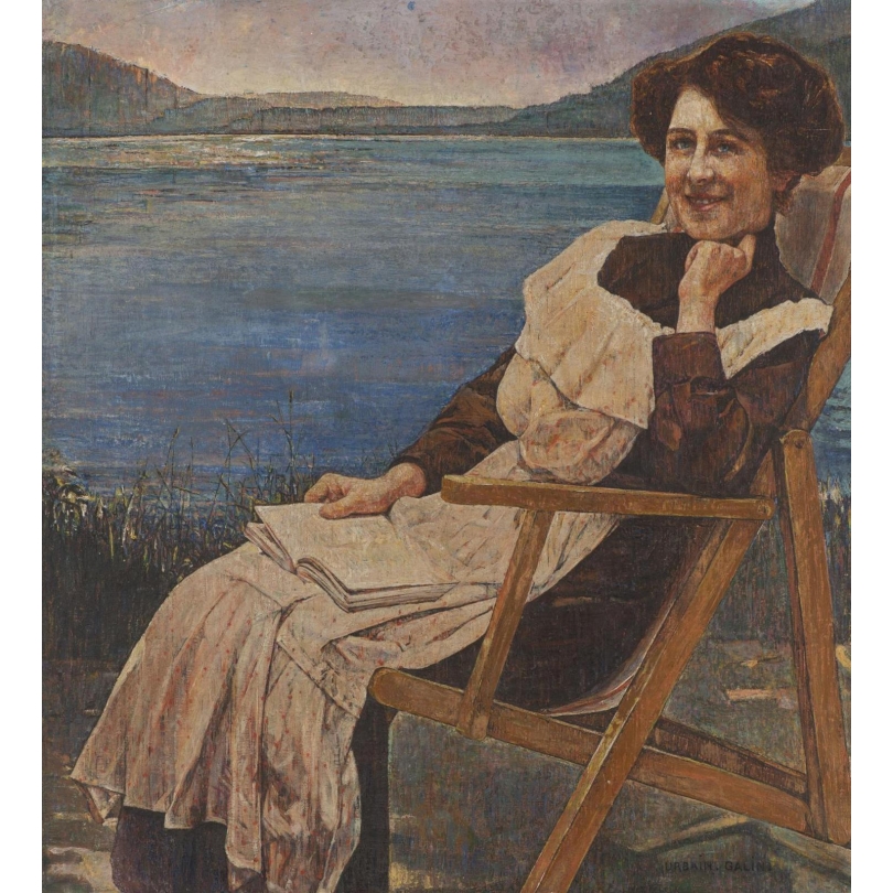Tableau \"La lecture au bord d\'un lac\" signé GALIN