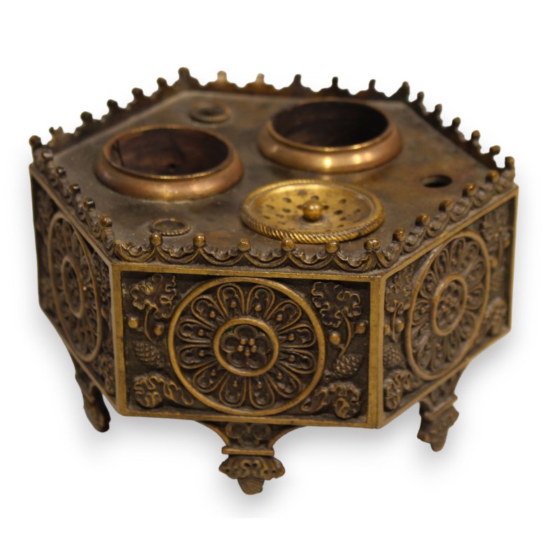 Hexagonal Neo-Gothic bronze inkwell